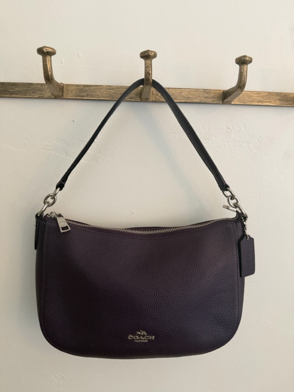 Coach Pebbled Shoulder Bag - Plum with Black Strap